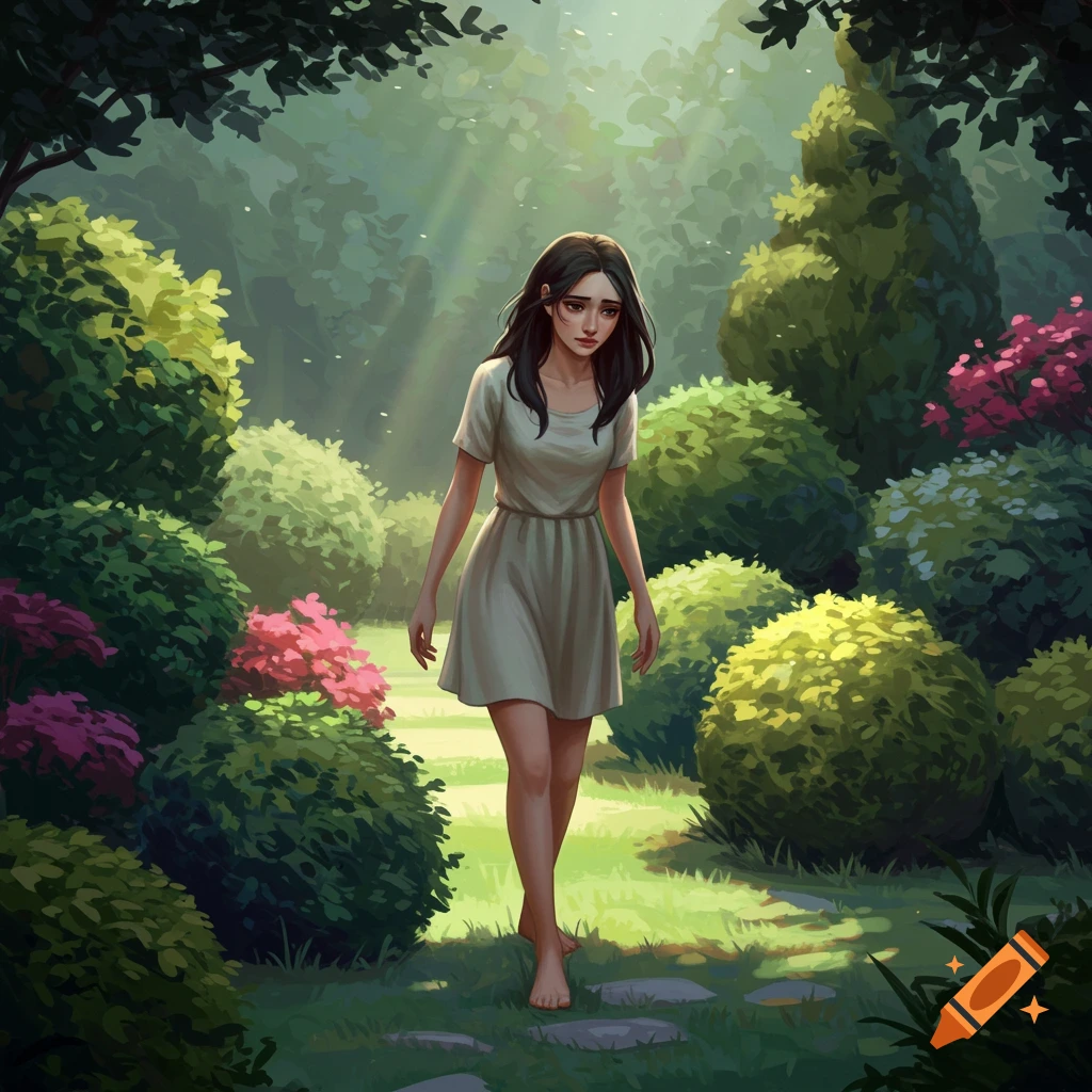 Illustration of a sad woman walking through a sunlit garden path.