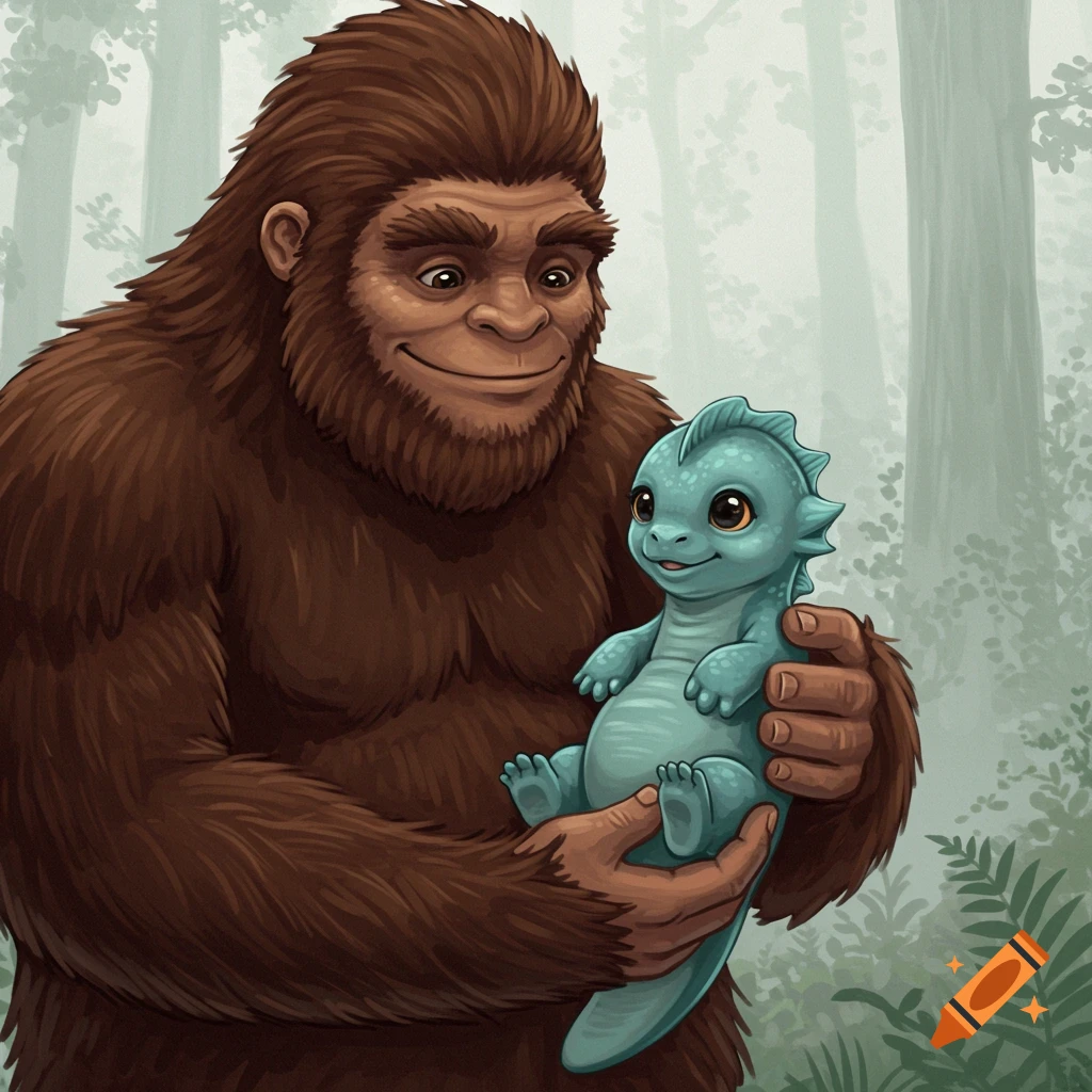 An illustration of a bigfoot holding a baby loch ness monster in a forest