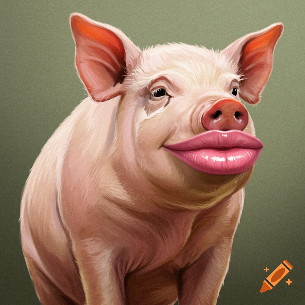 A pig with shiny, pink human lips