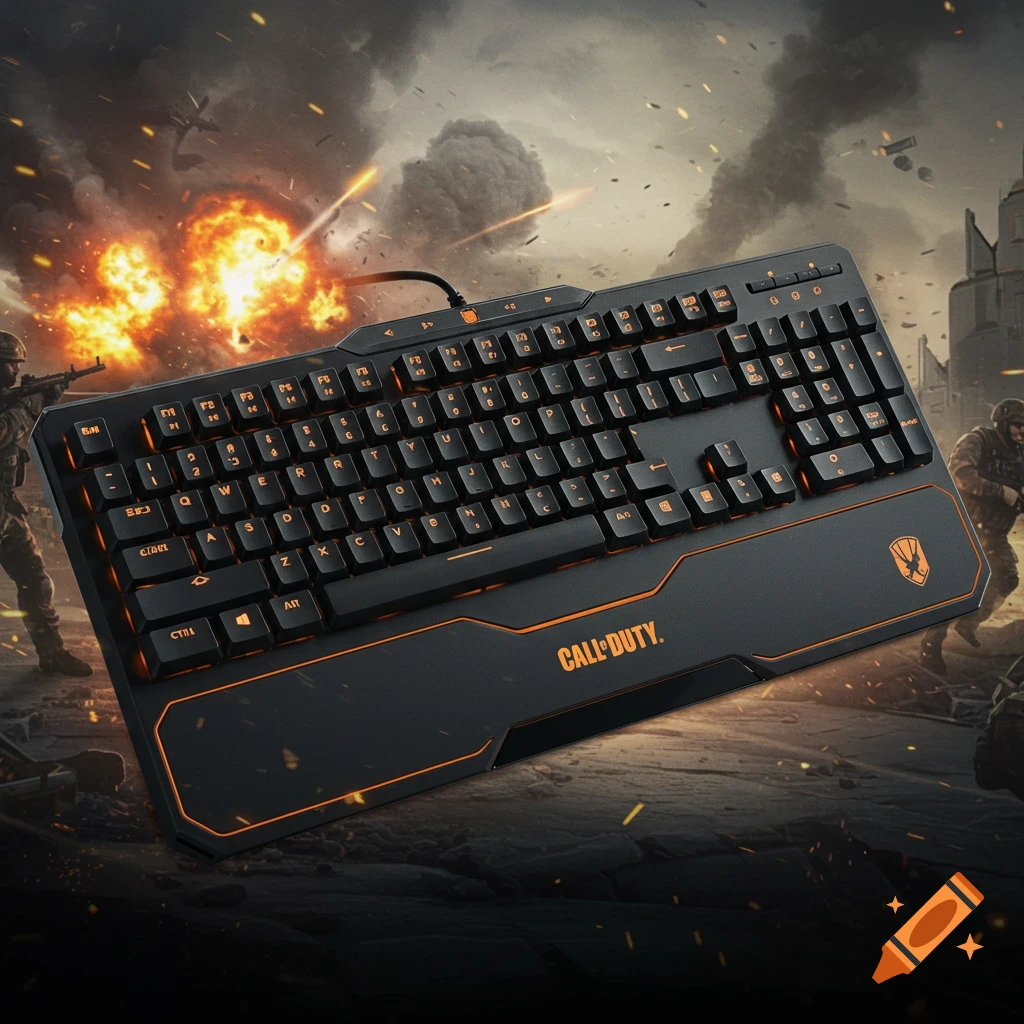 A black and orange Call of Duty gaming keyboard sits foreground of a battlefield scene with explosions and soldiers.