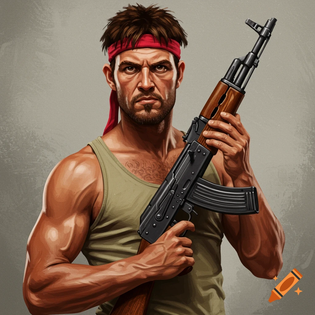 Stylized illustration of a man wearing a red headband and tank top, holding an AK rifle.