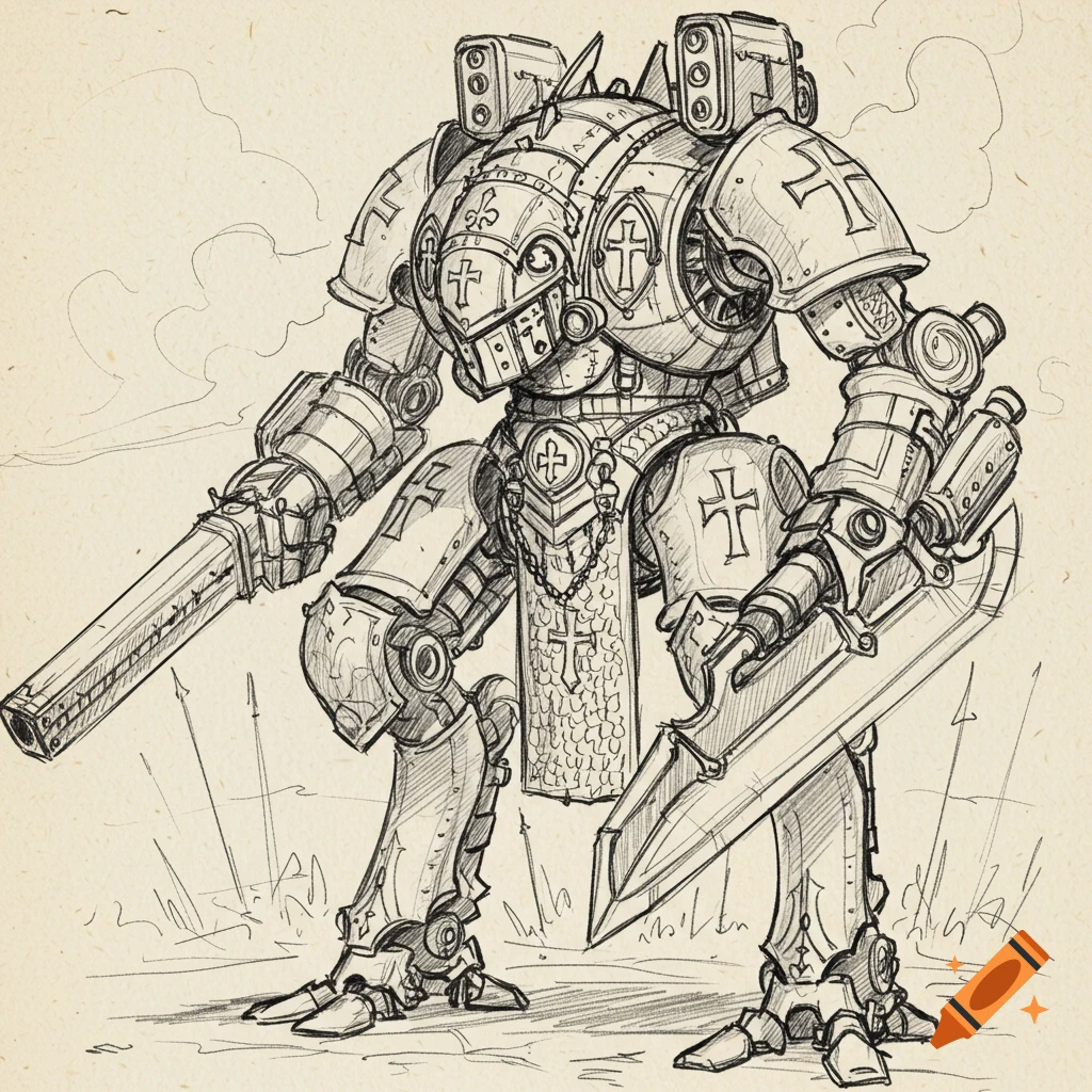 A rough pencil sketch of a medieval fantasy mecha with a large cannon and shield.