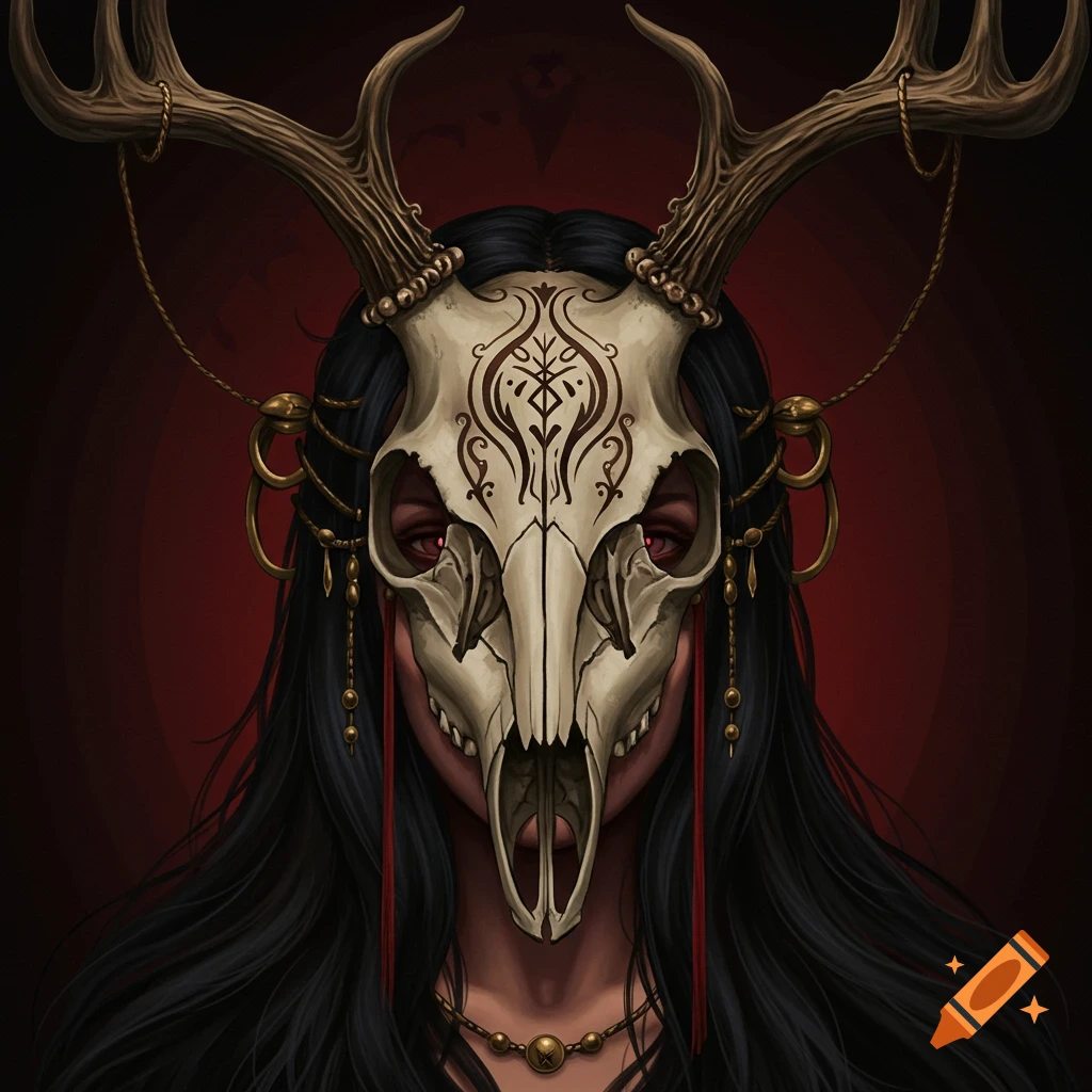 A person with long dark hair wears a deer skull headpiece with ornate markings and antlers, featuring glowing red eyes.