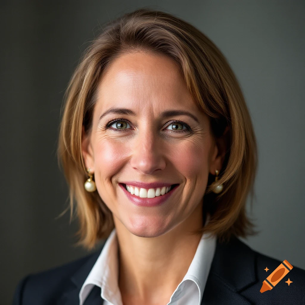 Photorealistic portrait of a woman smiling in business attire.