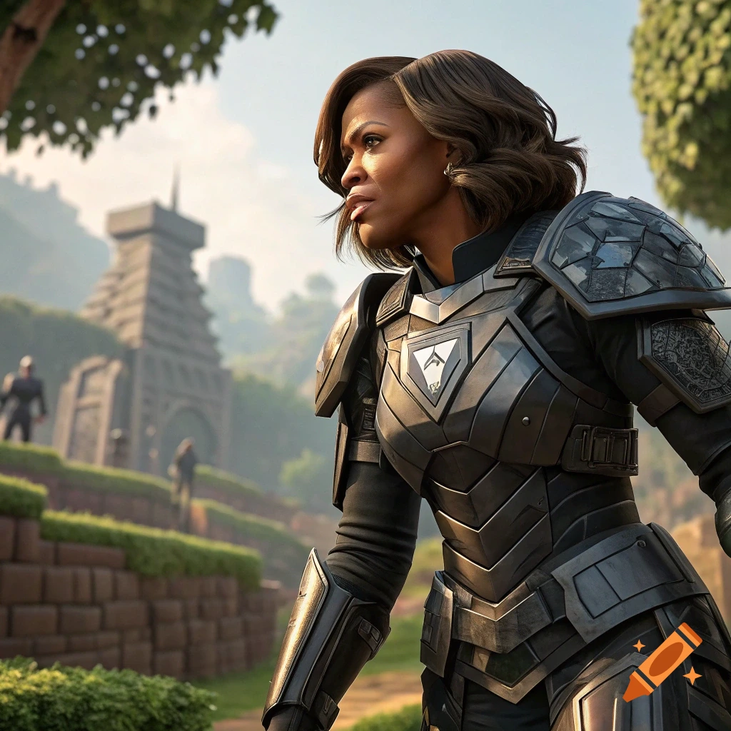 A person resembling Michelle Obama in detailed dark fantasy armor stands in a jungle with ancient structures in the background.