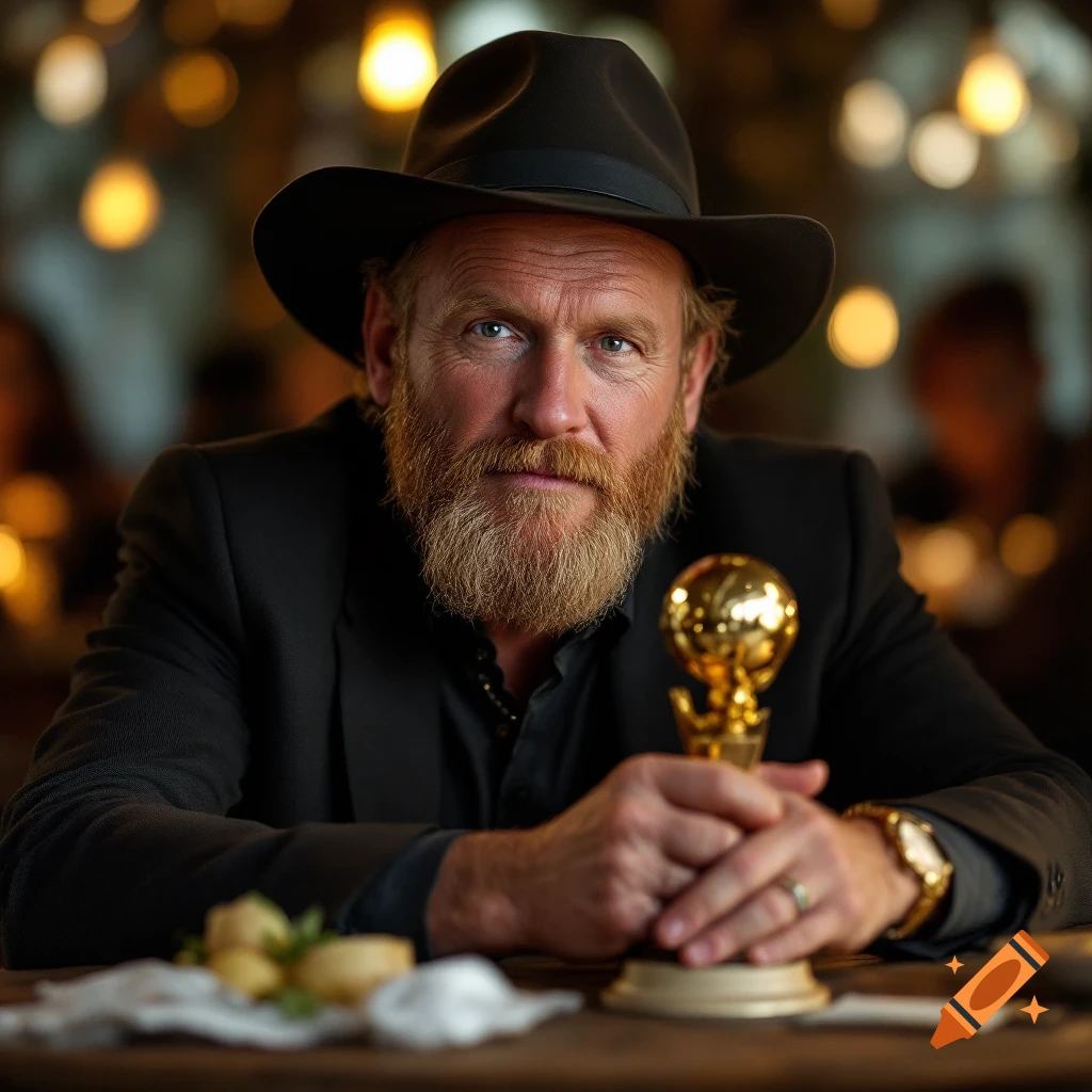 Portrait of a man resembling Woody Harrelson holding a golden trophy