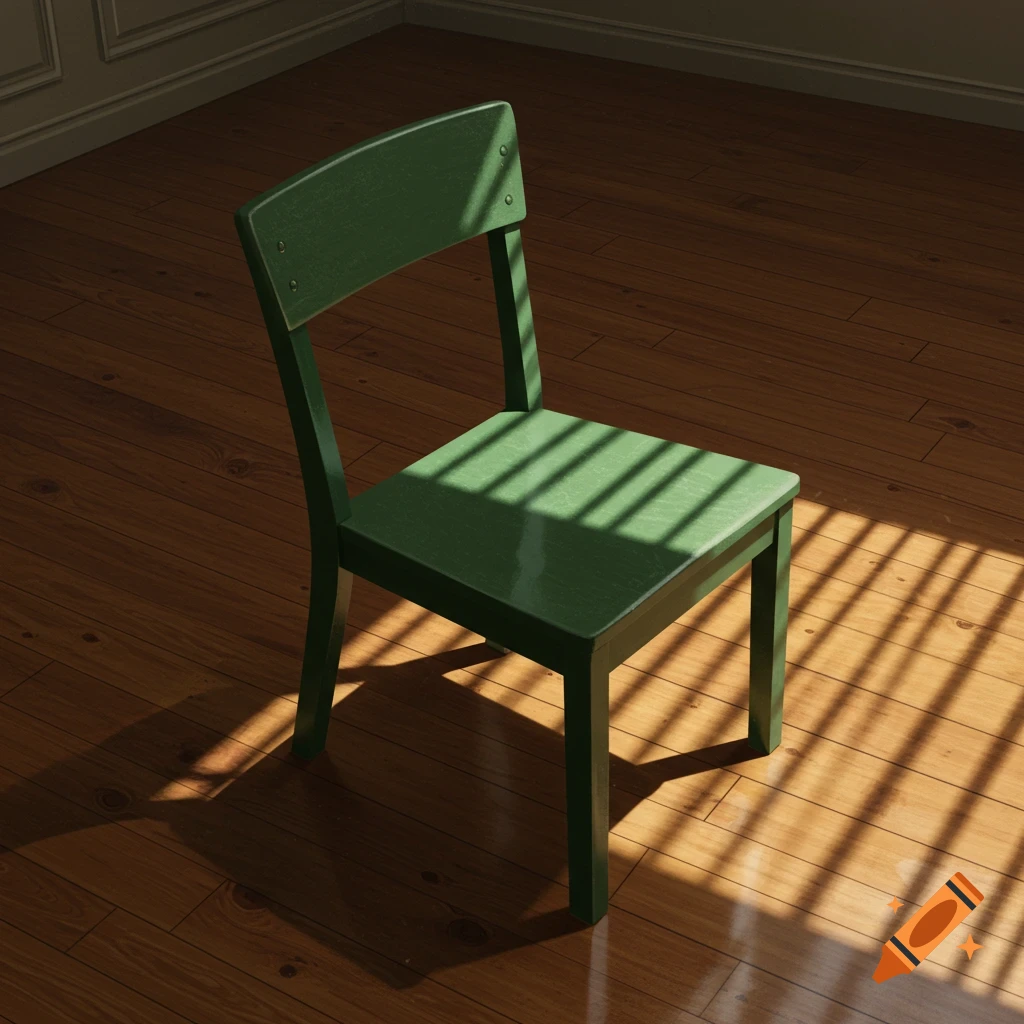 A green chair casting striped shadows on a hardwood floor in a room.