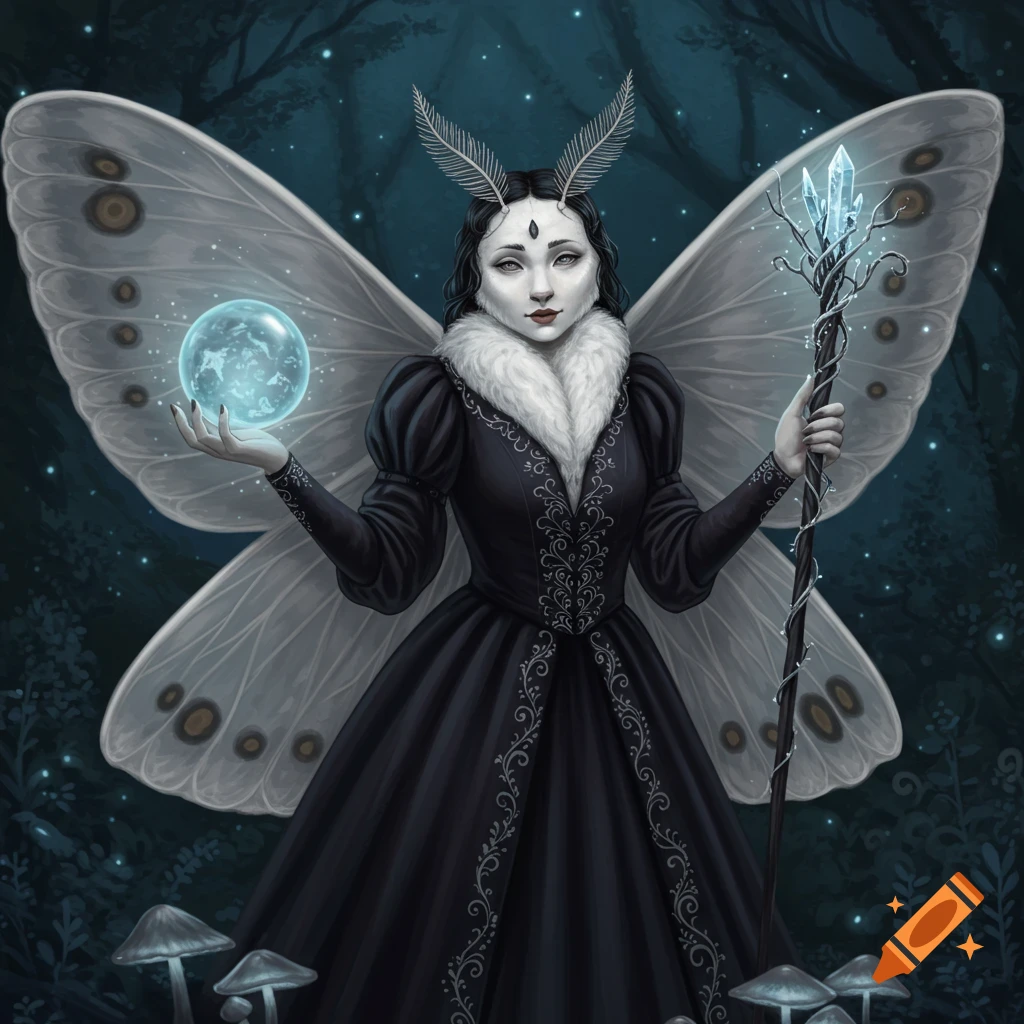 A fantasy illustration of a moth person with large wings and antenna, wearing a dark dress, holding a glowing orb and a staff in a forest.
