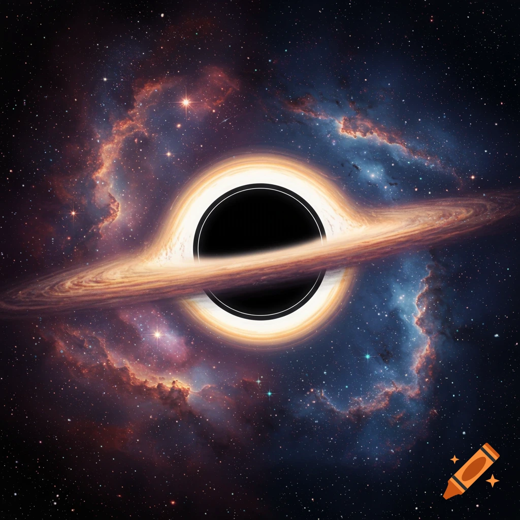 A black hole with a luminous accretion disk against a backdrop of stars and nebulas.