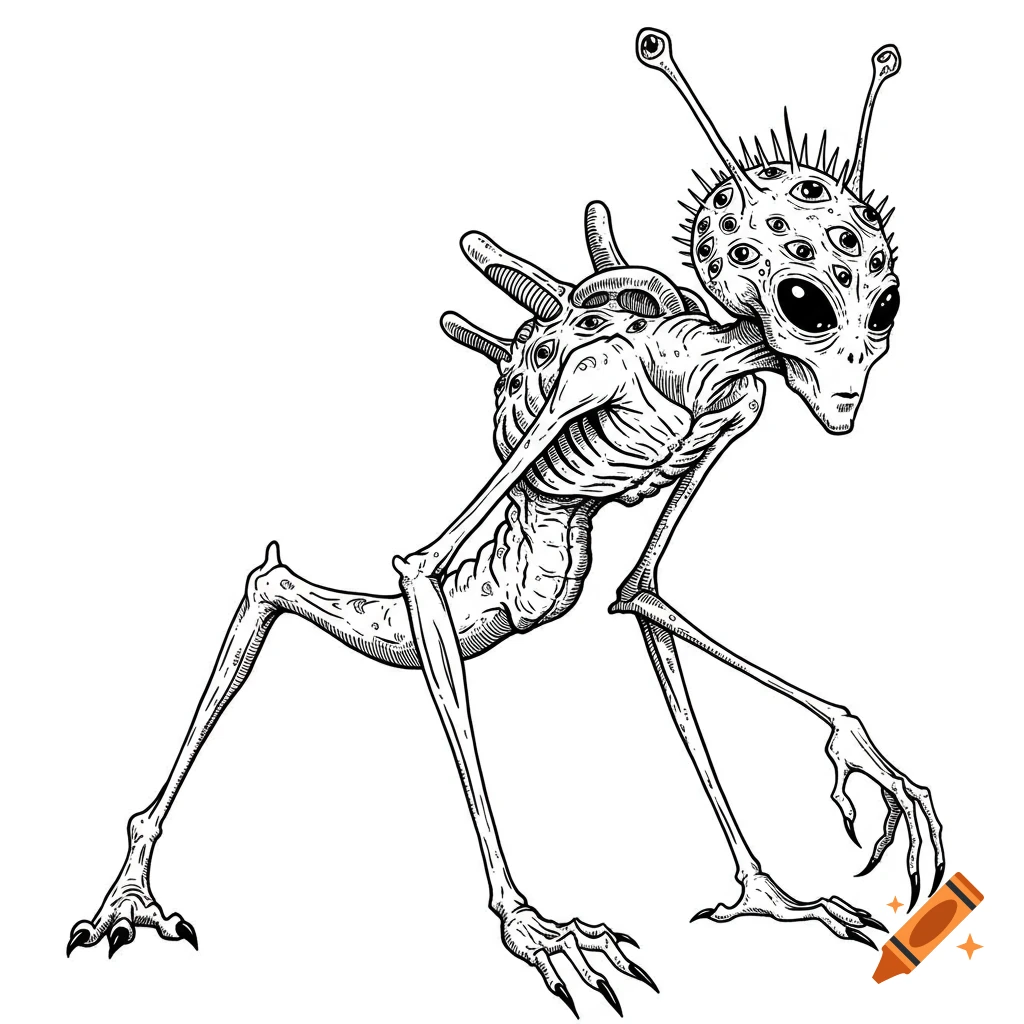 Black and white outline drawing of a strange alien creature with many eyes, long legs, and claws.