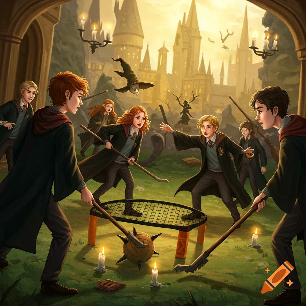 Illustration of young wizards in robes playing a game like Spikeball outside a large castle.