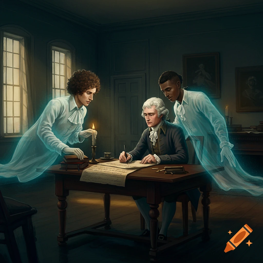 Thomas Jefferson writes at a desk with two transparent ghosts hovering over him in a dim room.