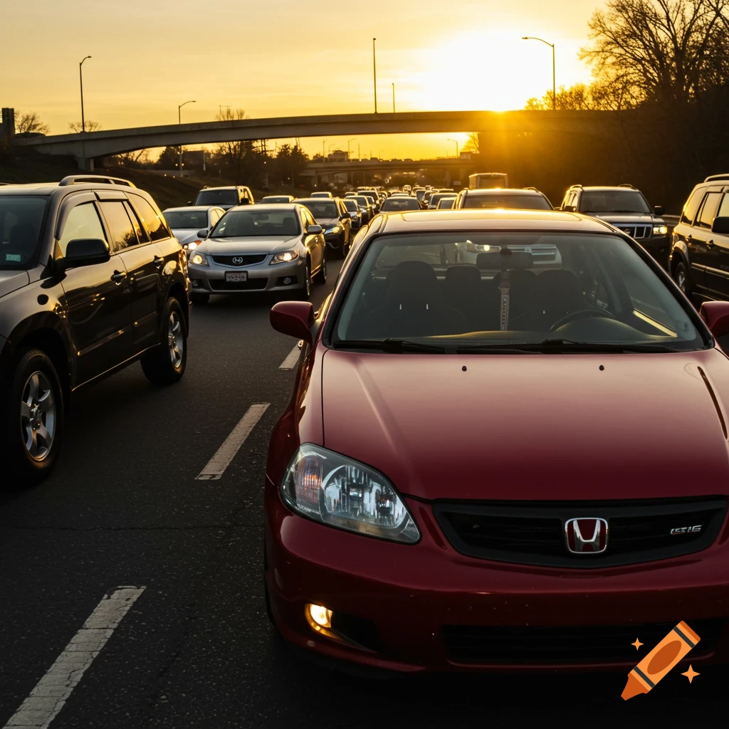 A red car sits in heavy traffic during sunset, viewed from the front.