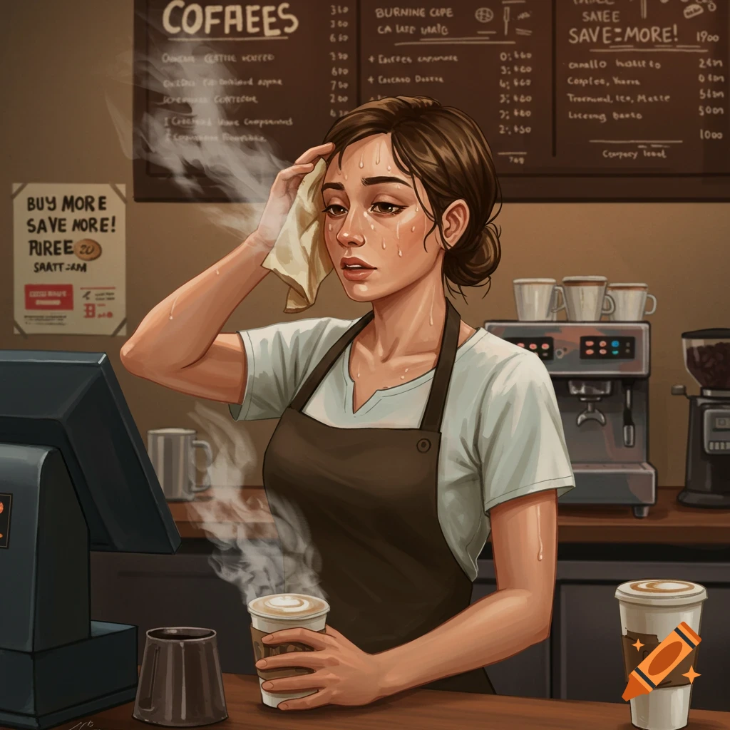 Illustration of a sweating barista wiping her brow in a busy coffee shop.