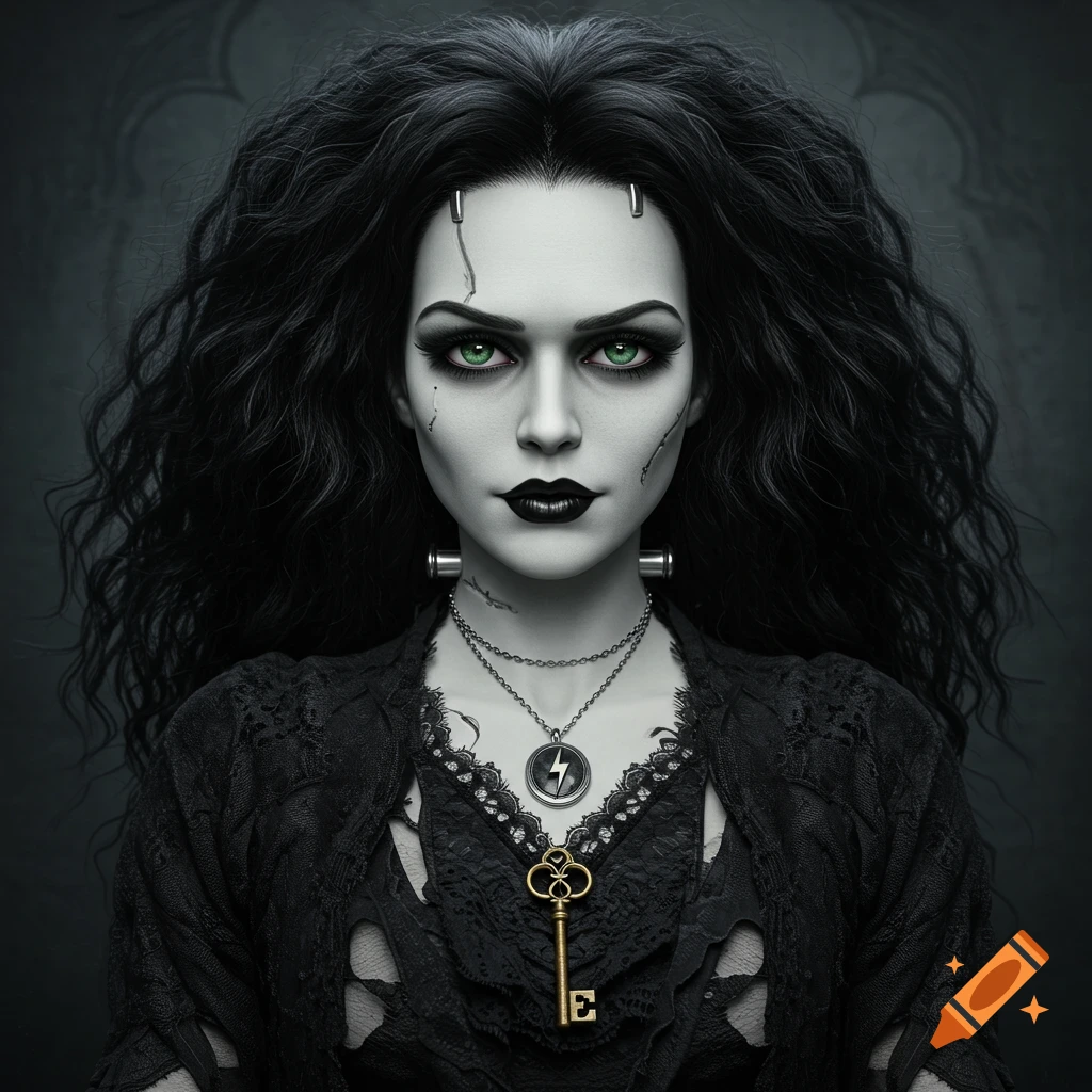 A stylized portrait of a female character inspired by Frankenstein's monster, with pale green skin, dark black hair, neck bolts, and gothic clothing.