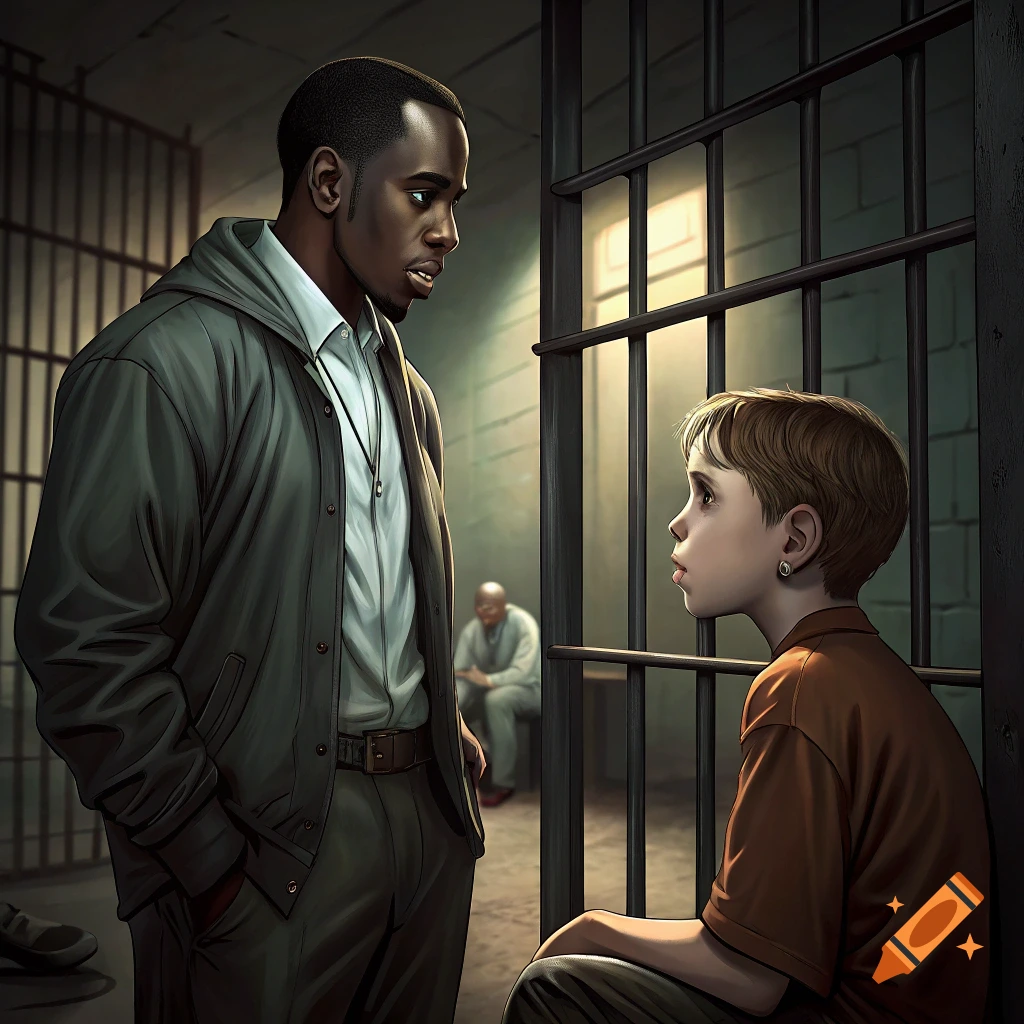Man and boy talk through prison bars in a dramatic, illustrated style.