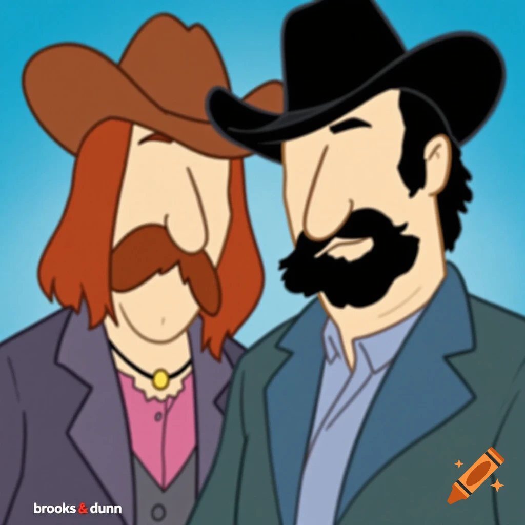 Cartoon drawing of two men in cowboy hats and jackets against a blue background with text "brooks & dunn".