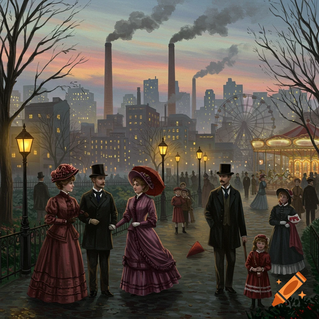 Painting of people in a park during the industrial revolution, with factories, a city skyline, and a fairground in the background.