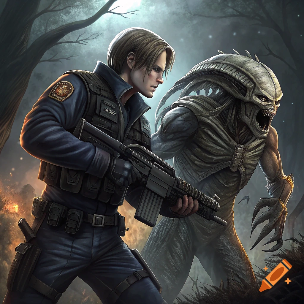 Illustration of a man in uniform with a rifle facing a monstrous alien in a dark forest.