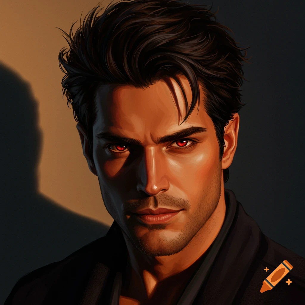 Close-up stylized portrait of a man with dark hair and glowing red eyes, lit from the side.