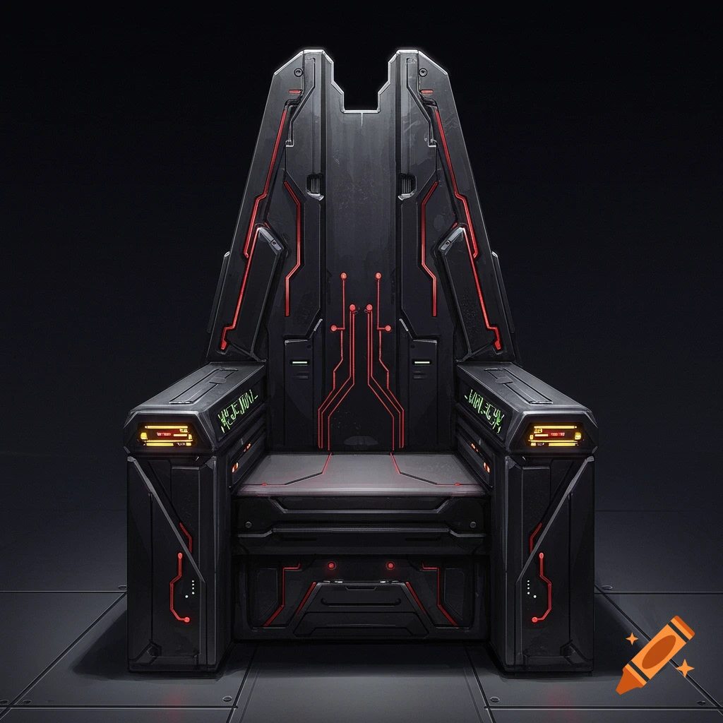 A black and red futuristic throne chair shown from the front.
