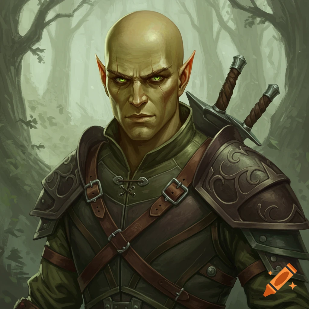 Bald green-skinned wood elf rogue portrait with glowing green eyes, scars, leather armour, swords, forest background. Illustration.