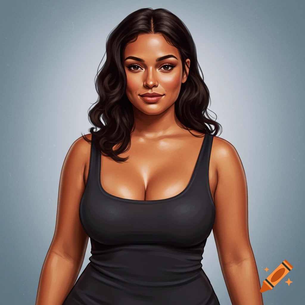 An illustration of a woman with dark wavy hair wearing a black tank top.
