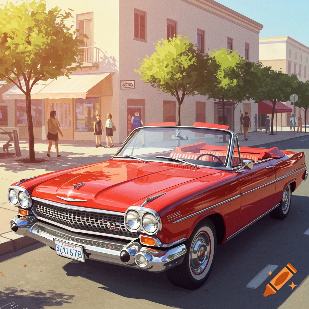 A bright red convertible car parked on a street in a sunny, retro-styled town scene.