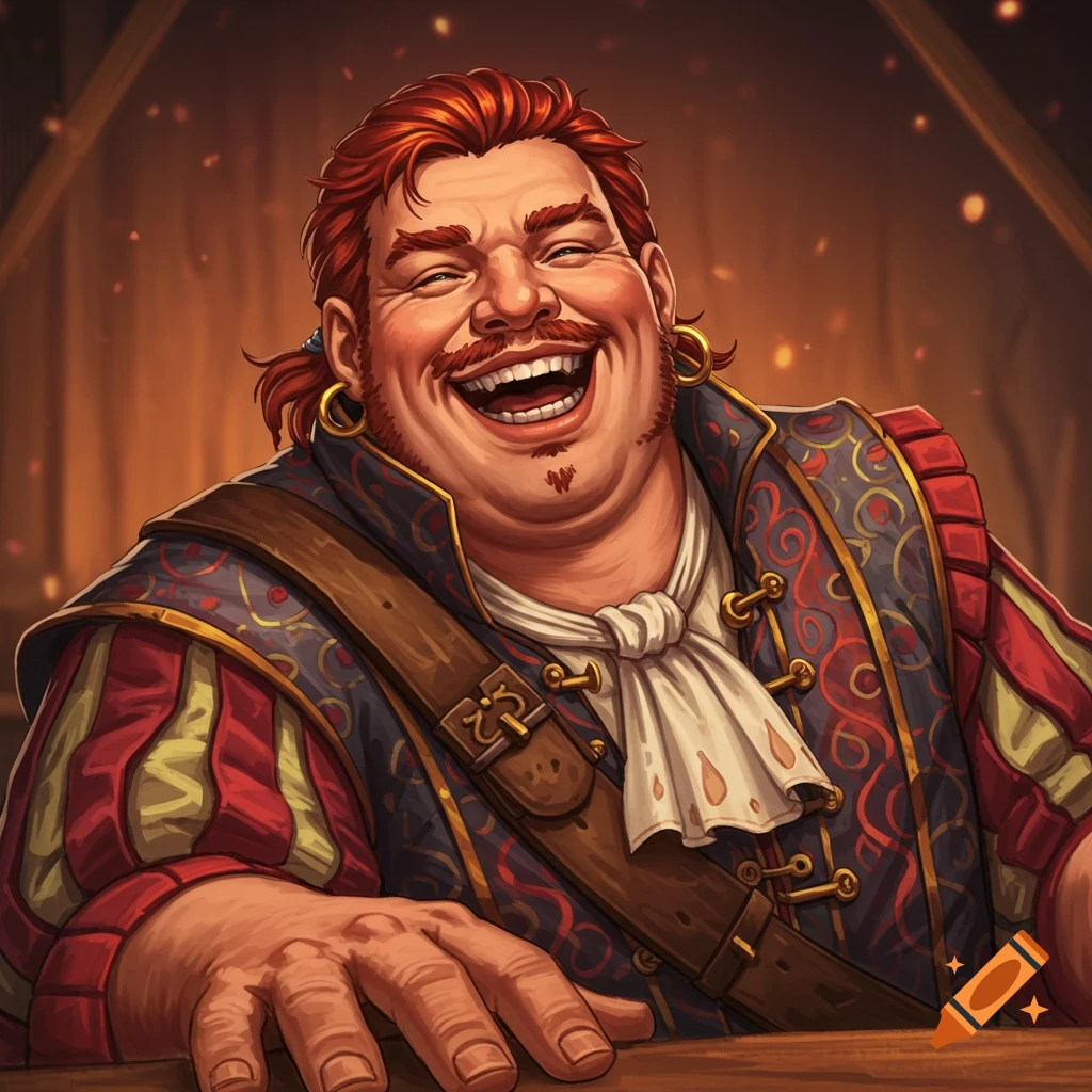 A red-haired man in fantasy clothing with a mustache and goatee laughs loudly.