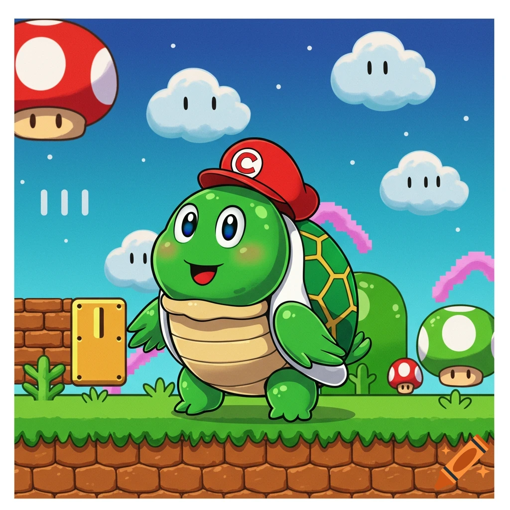Cartoon turtle in a red cap standing in a Super Mario Bros. level with clouds and mushrooms.