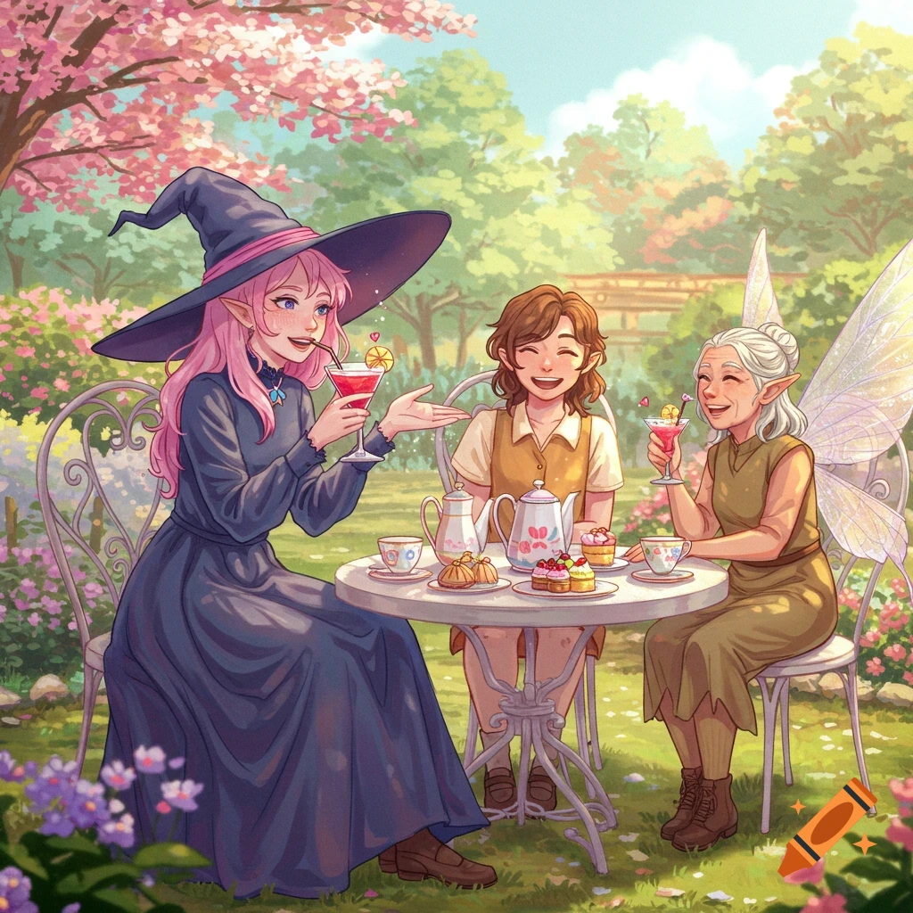 A witch, human, and fairy have tea in a sunny garden, anime illustration style.