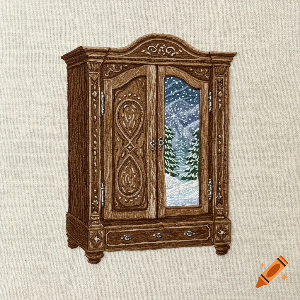 Embroidery of a wooden wardrobe with a snowy forest scene visible inside.