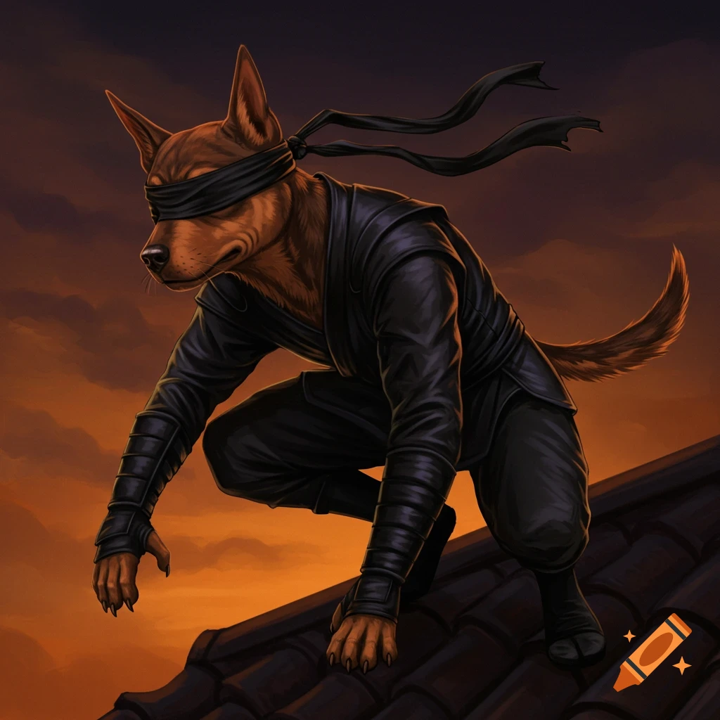 A blindfolded ninja dog crouches on a rooftop at sunset.