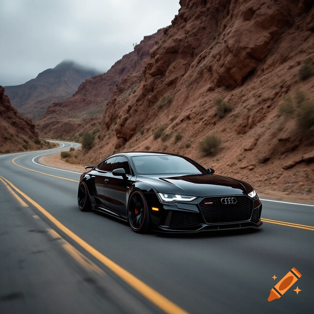 Black Audi RS7 sports car driving on a winding mountain road.