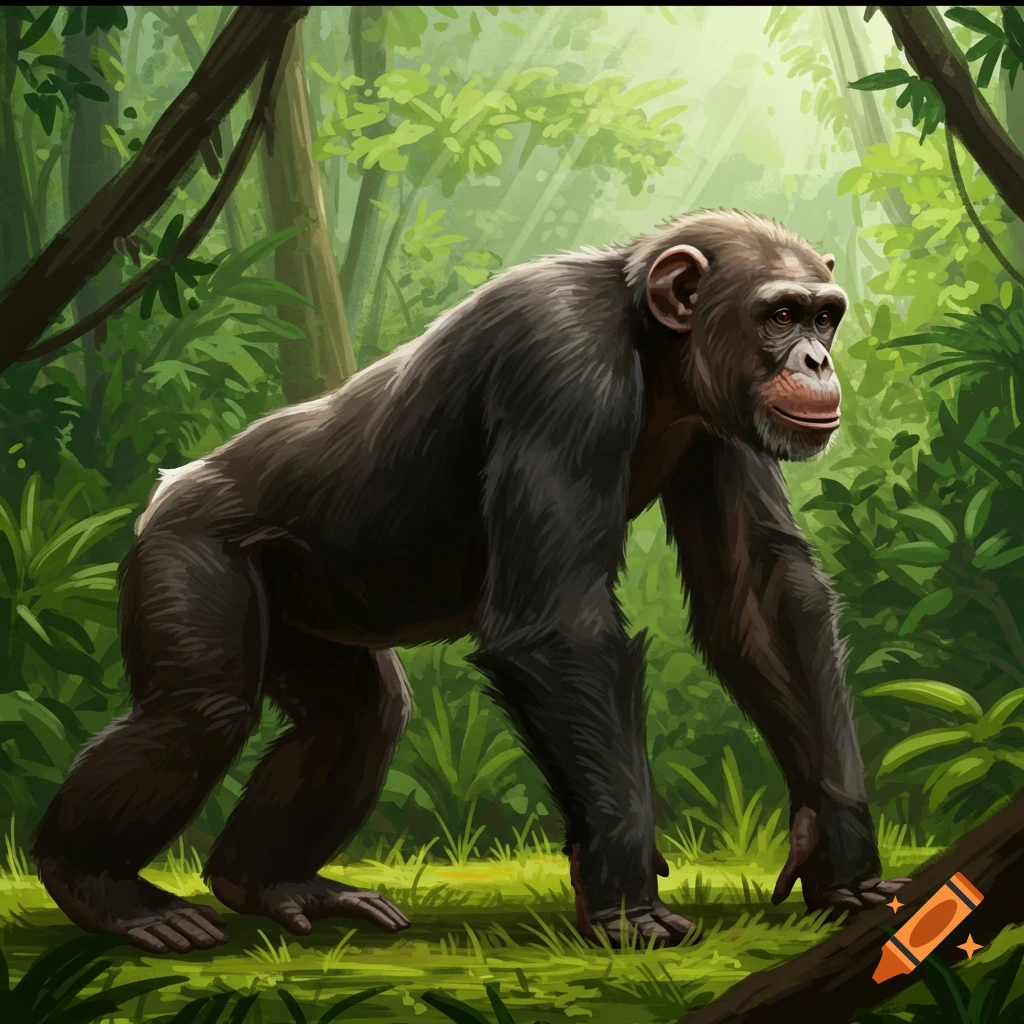 Illustration of a chimpanzee walking in a lush forest