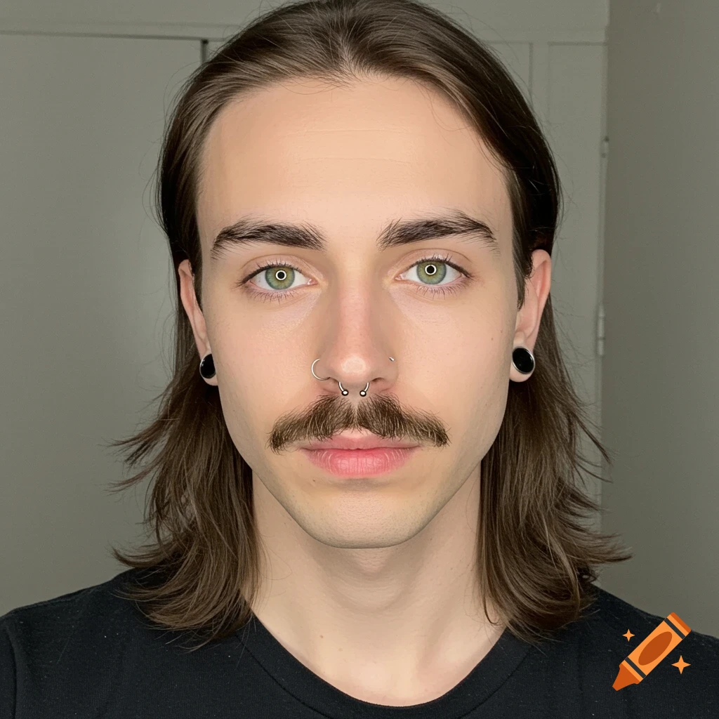 A close-up portrait of a person with long brown hair, mustache, nose piercings, ear gauges, and green eyes.