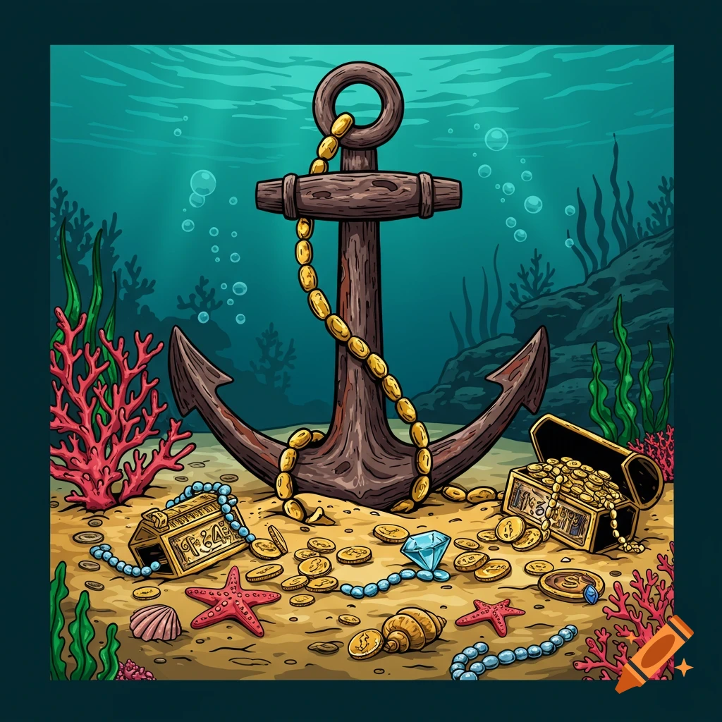 An anchor rests on the sandy ocean floor, surrounded by gold coins, jewels, and open treasure chests.