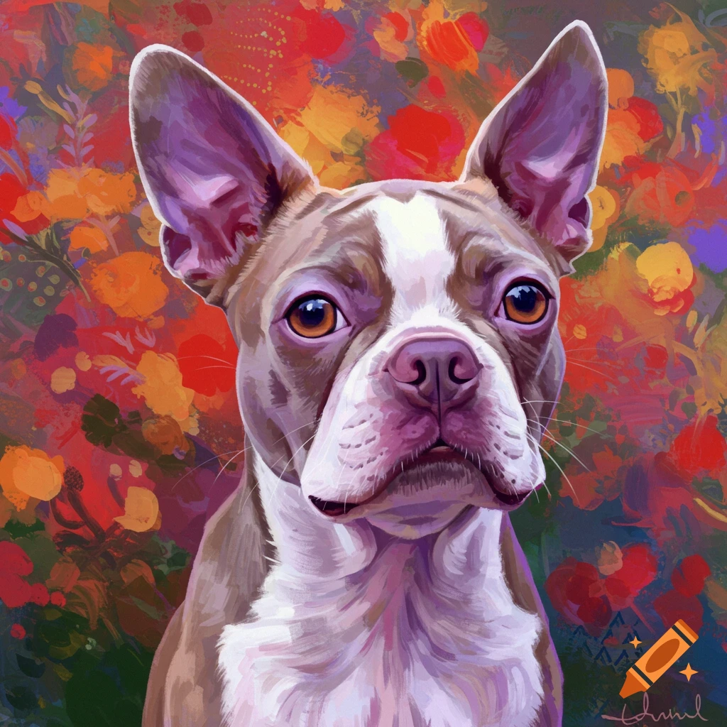 A painterly close-up portrait of a Boston Terrier dog with a colorful, abstract background.