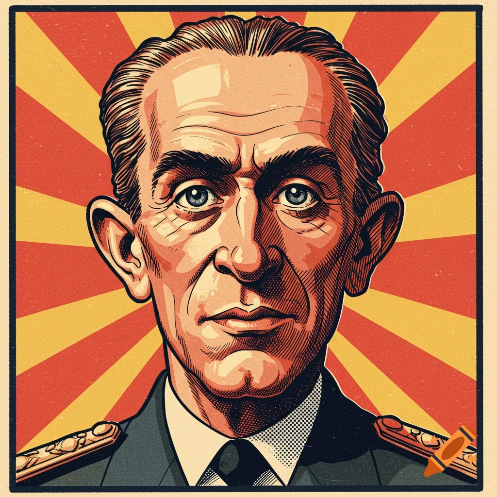 Vintage propaganda style illustration of an older man in uniform.