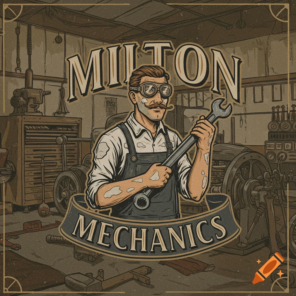 Vintage style illustration logo of a mechanic in a workshop holding a wrench, with Milton Mechanics text.