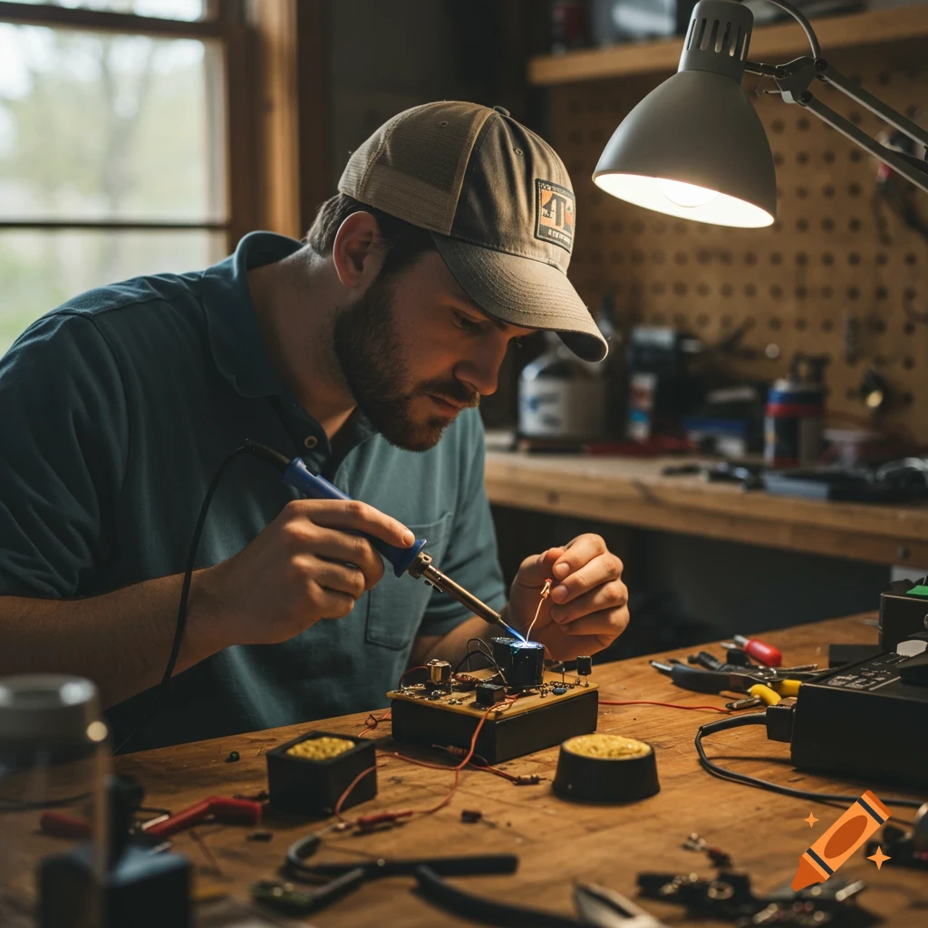 A man wearing a cap solders electronics on a wooden workbench in a workshop.