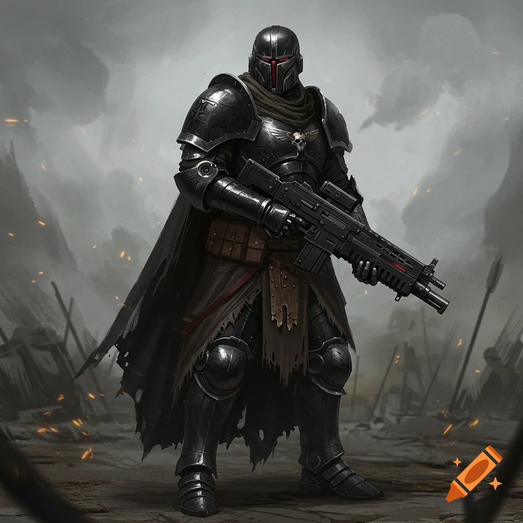 A soldier in black armored power armor holds a rifle on a smoky battlefield.