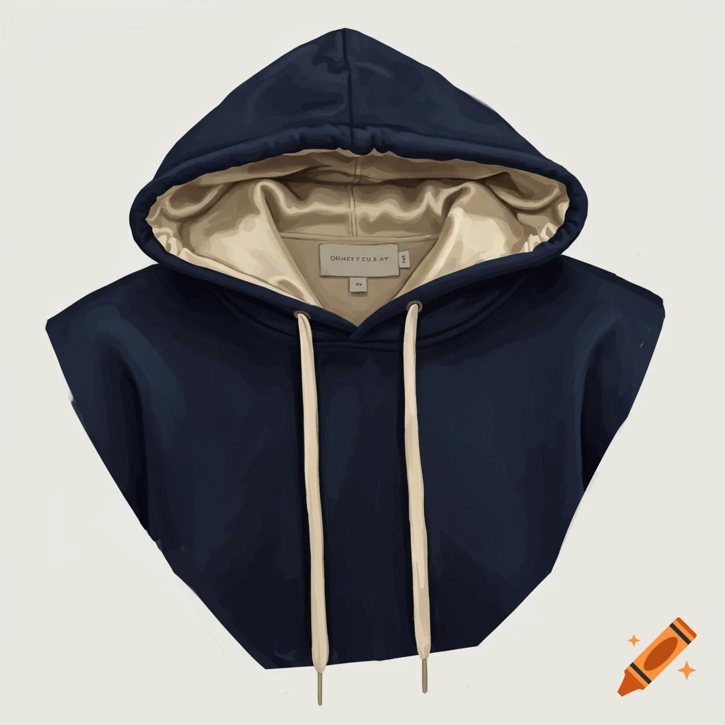 Dark blue hoodie with beige lining and drawstrings against a light background.