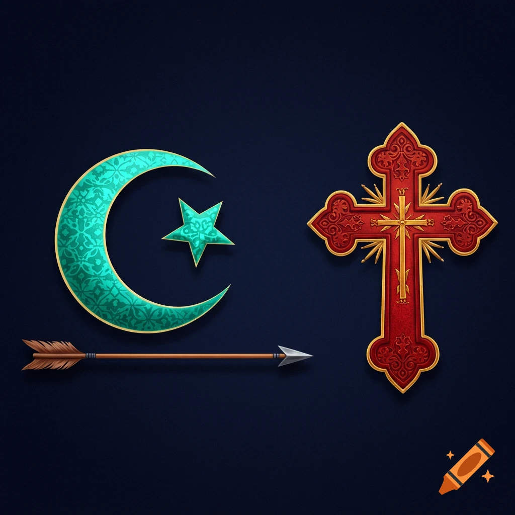 An illustration of a green crescent moon and star next to a red ornate cross, with an arrow pointing from the moon/star towards the cross.
