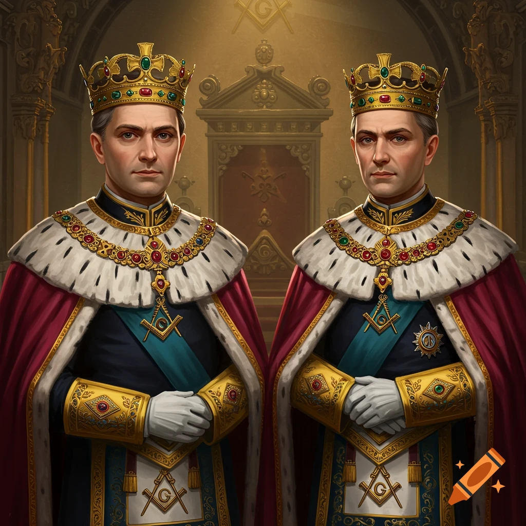 Two European men in crowns and ceremonial robes with Masonic symbols stand in a grand hall.