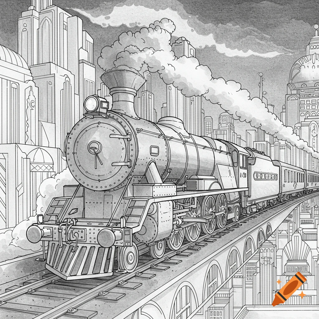 Black and white line drawing of a streamlined steam train on a bridge in a futuristic Art Deco city.