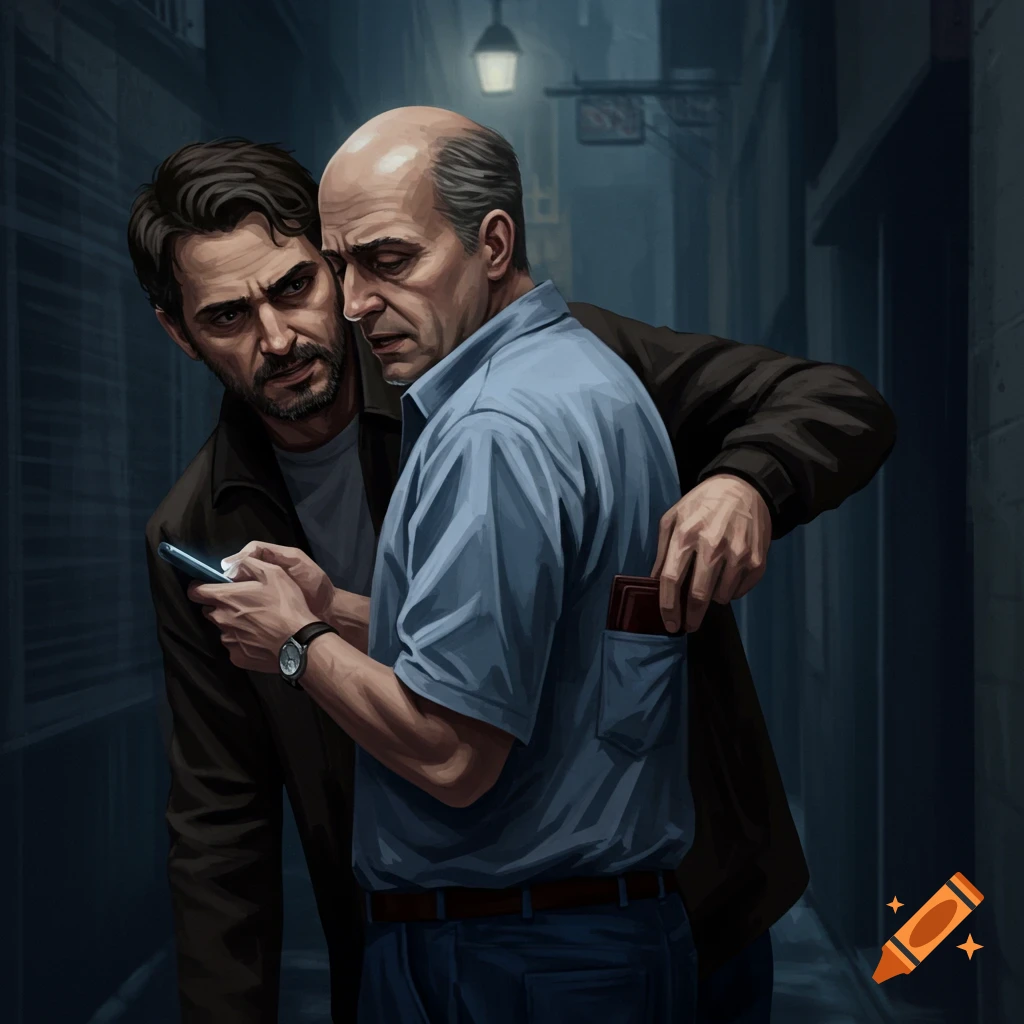 Illustration of a man pickpocketing another man in a dark alley.