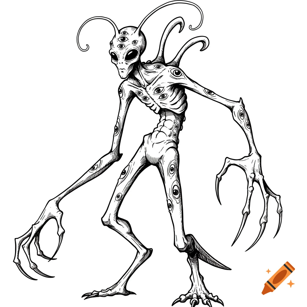 Black and white sketch of an alien creature with many eyes and long claws.