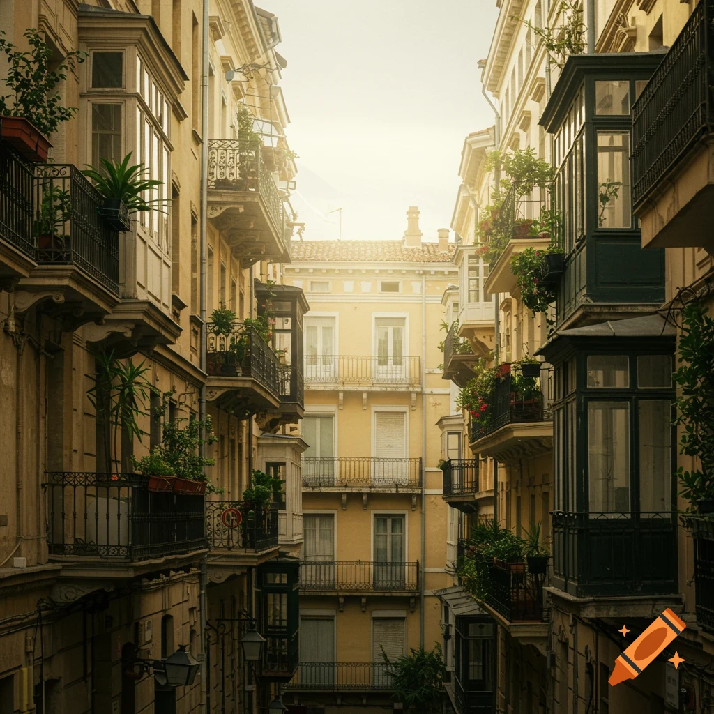 Photorealistic view of balconies with plants on old European buildings along a street.