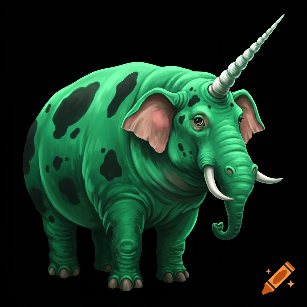 Illustration of a green spotted elephant-like creature with a narwhal horn and tusks on a black background.